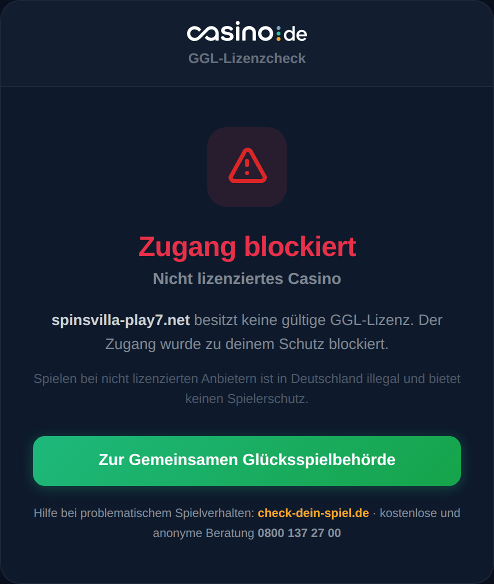 Blockseite der Erweiterung: Zugang blockiert, nicht lizenziertes Casino, mit Link zur Gemeinsamen Glücksspielbehörde und dem Hinweis auf die kostenlose Beratung bei problematischem Spielverhalten