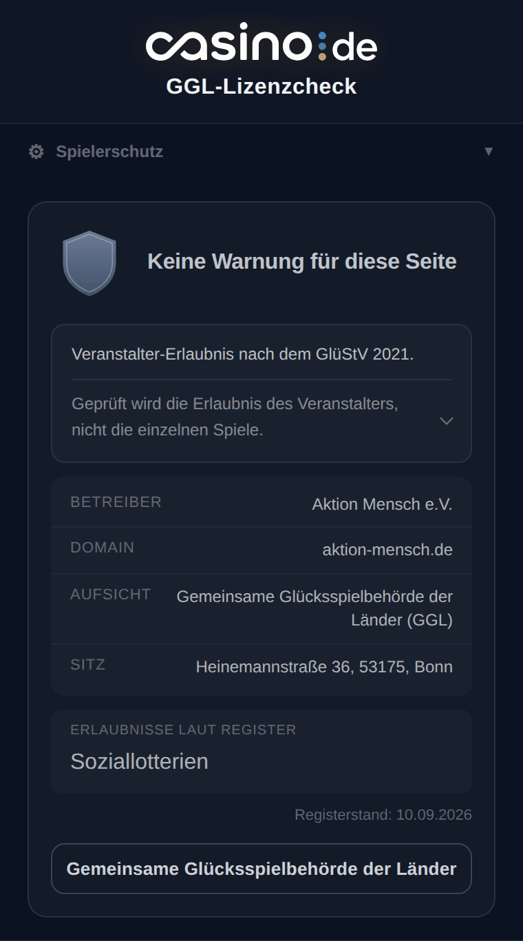 Popup des GGL-Lizenzchecks mit der Meldung „Keine Warnung für diese Seite“ und dem Registereintrag: Betreiber Aktion Mensch e.V., Domain aktion-mensch.de, Aufsicht Gemeinsame Glücksspielbehörde der Länder, Erlaubnisse laut Register Soziallotterien, dazu der Registerstand und der Link zur Gemeinsamen Glücksspielbehörde