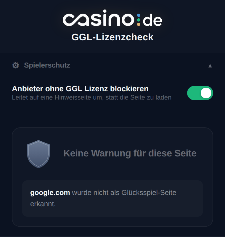 Popup mit der Meldung Keine Warnung für diese Seite für google.com und dem geöffneten Bereich Spielerschutz mit dem eingeschalteten Schalter Anbieter ohne GGL Lizenz blockieren