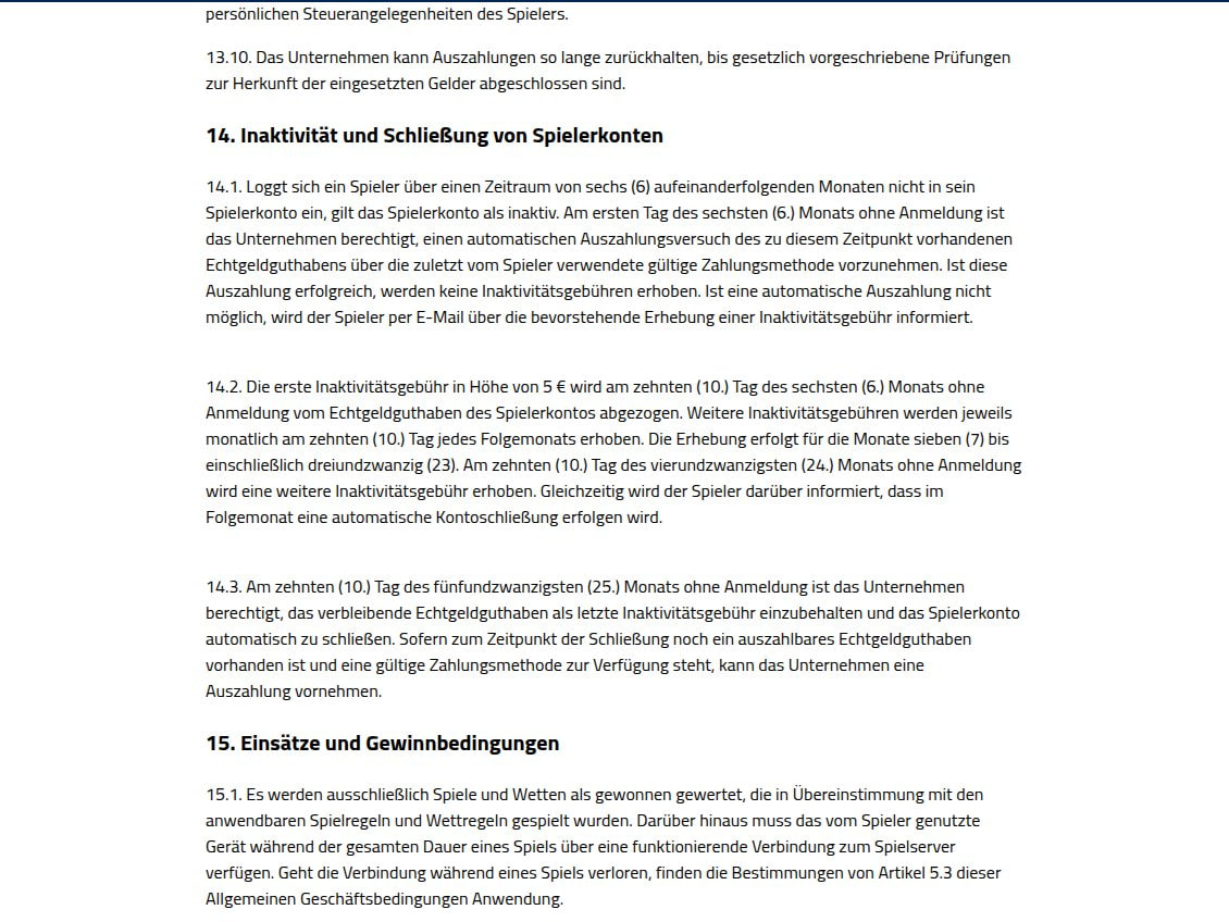 Nummer 14 der AGB von AdmiralBet zu Inaktivität und Schließung von Spielerkonten mit Gebühren ab dem sechsten Monat ohne Anmeldung und dem Einbehalt des Restguthabens im 25. Monat
