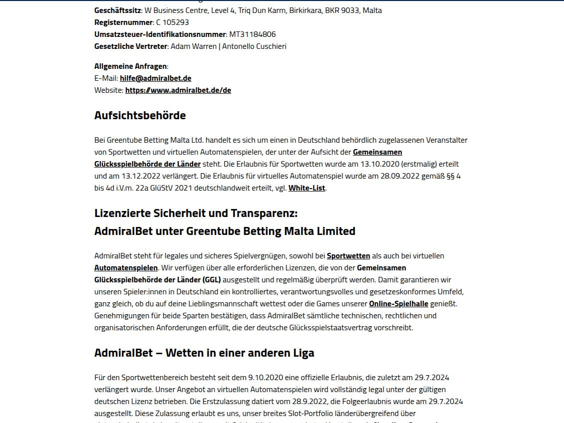 Impressum von AdmiralBet mit dem Absatz Aufsichtsbehörde, der die Sportwetten-Erlaubnis auf den 13.10.2020 datiert, und weiter unten dem Satz, die Erlaubnis bestehe seit dem 9.10.2020