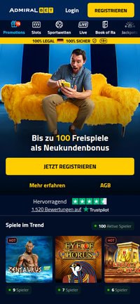 Startseite von AdmiralBet in der mobilen Ansicht mit der Leiste Promotions, Slots, Sportwetten, Live und Book of Ra, dem Banner Bis zu 100 Freispiele und der Reihe Spiele im Trend