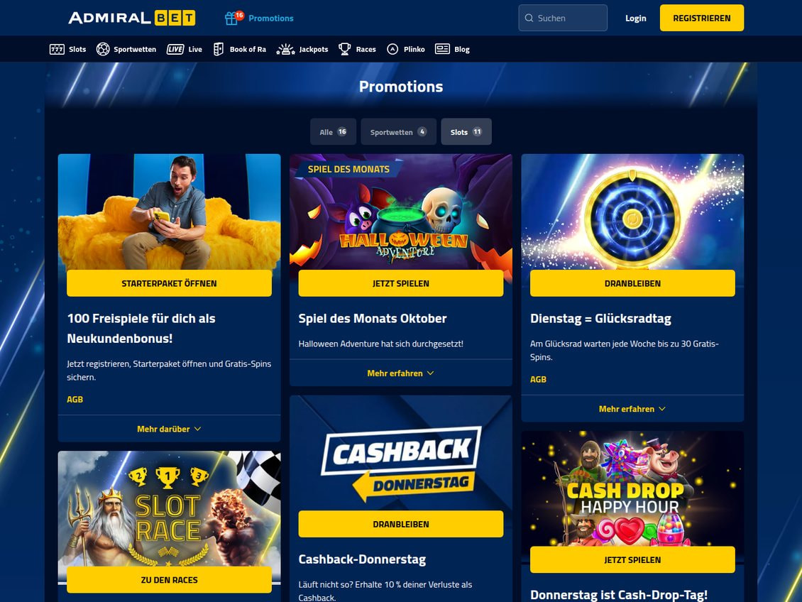 Aktionsseite von AdmiralBet mit dem Filter Slots und Karten für das Starterpaket, das Spiel des Monats, den Glücksradtag, Slot Race, Cashback-Donnerstag und Cash Drop Happy Hour