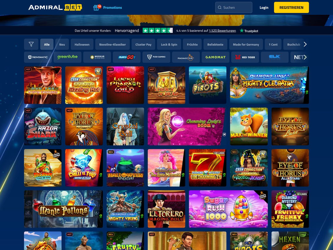 Slot-Lobby von AdmiralBet mit Filtern wie Novoline-Klassiker und Made for Germany, einer Leiste mit Herstellerlogos und Spielkacheln