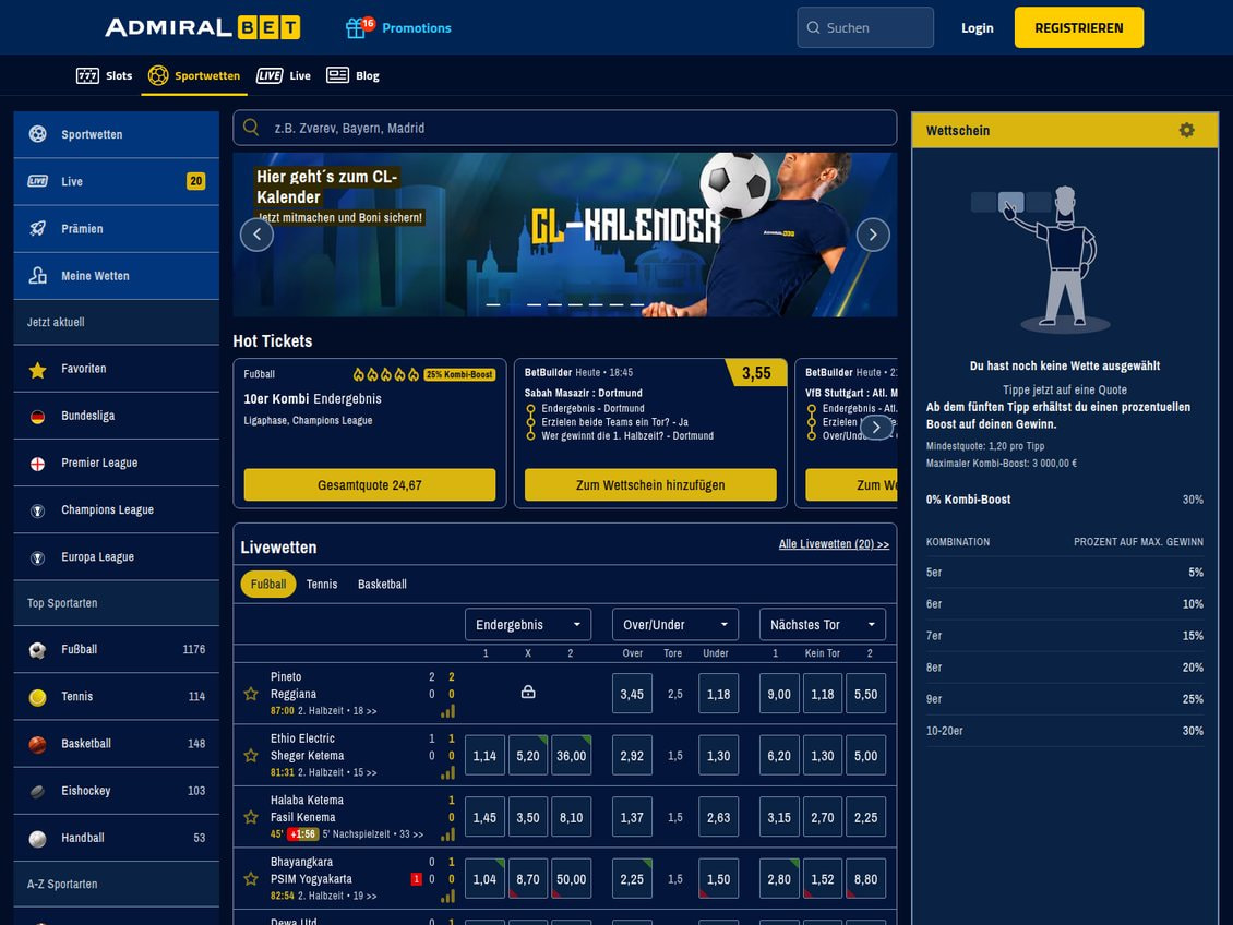Sportwetten-Bereich von AdmiralBet mit Sportartenliste, Hot Tickets, Livewetten zu Fußballspielen und dem Wettschein mit Kombi-Boost-Staffel