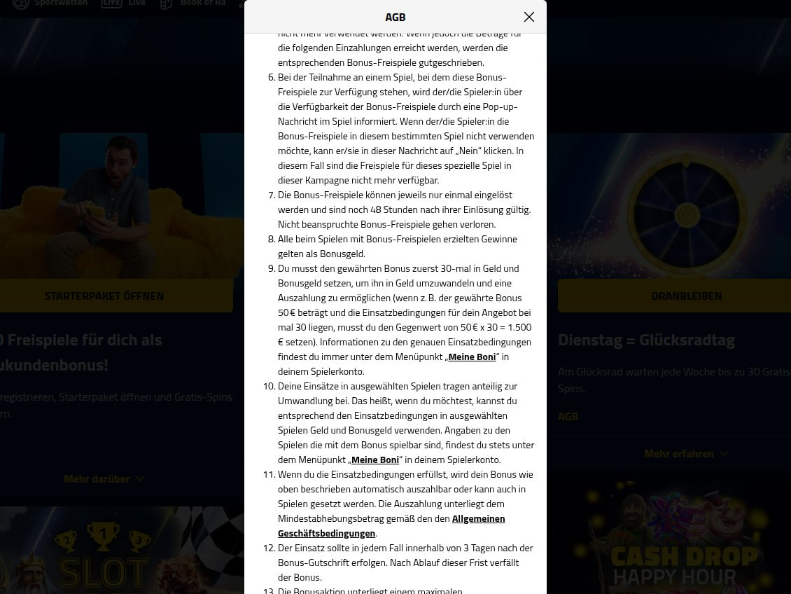 Fenster mit den Aktionsbedingungen des Starterpakets von AdmiralBet, darin die Ziffern zu 48 Stunden Gültigkeit, Gewinnen als Bonusgeld, 30-fachem Einsatz und drei Tagen Frist