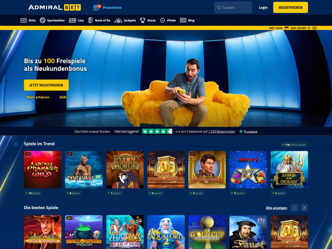 Startseite von AdmiralBet mit dem Banner Bis zu 100 Freispiele als Neukundenbonus, dem Trustpilot-Hinweis 4,4 von 5 und der Reihe Spiele im Trend mit Spielerzahlen