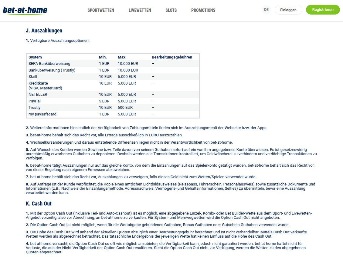 Auszahlungstabelle in den AGB von bet-at-home mit acht Zeilen, darunter Banküberweisung Trustly bis 10.000 Euro und Trustly bis 500 Euro, Bearbeitungsgebühren überall ein Strich