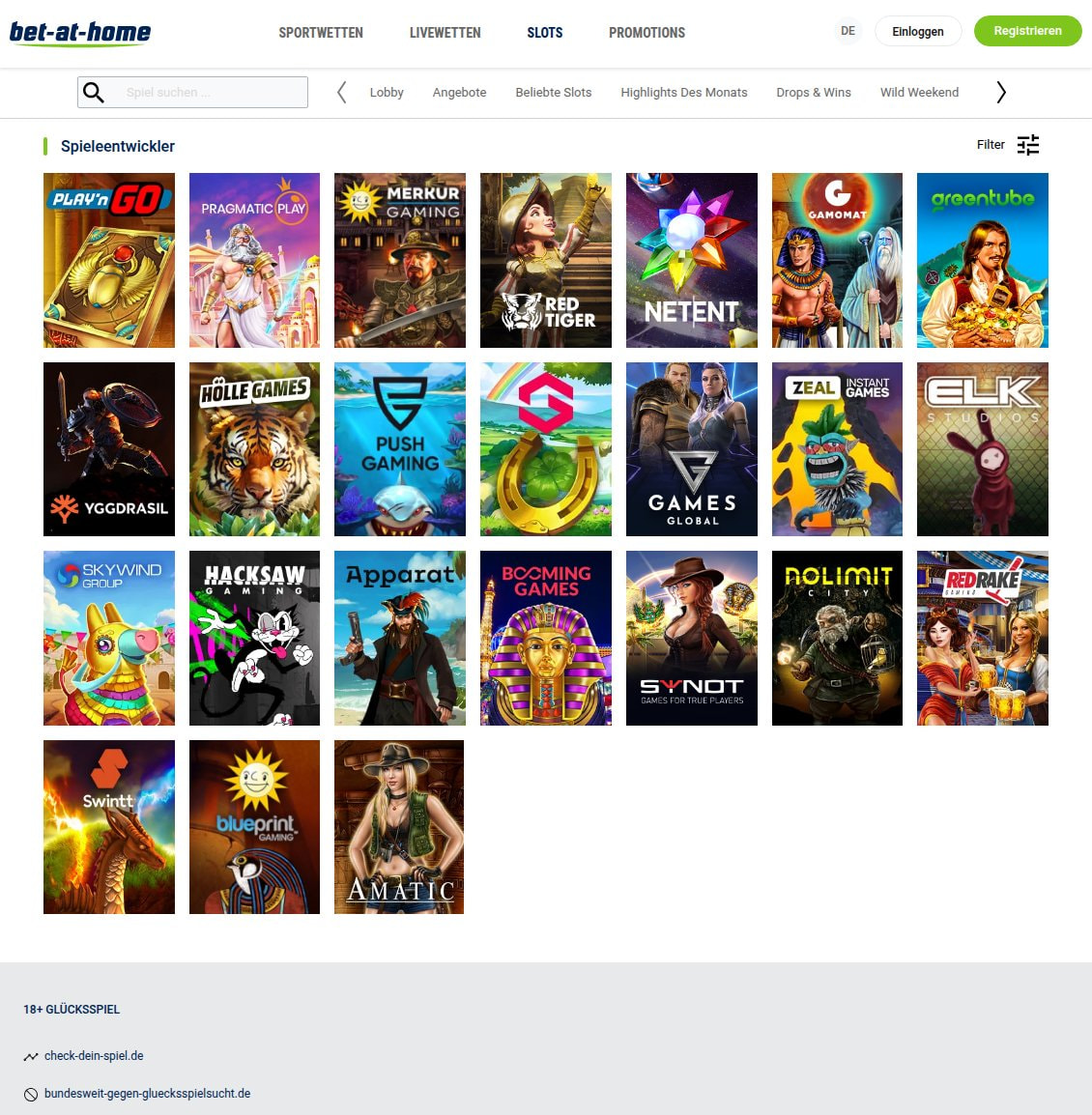 Seite Spieleentwickler bei bet-at-home mit 24 Studios von Play’n GO und Pragmatic Play bis Amatic