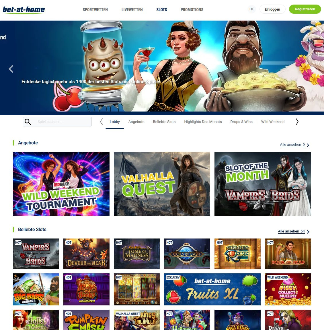 Slot-Lobby von bet-at-home mit dem Banner Entdecke täglich mehr als 1400 der besten Slots, darunter Angebote und Beliebte Slots