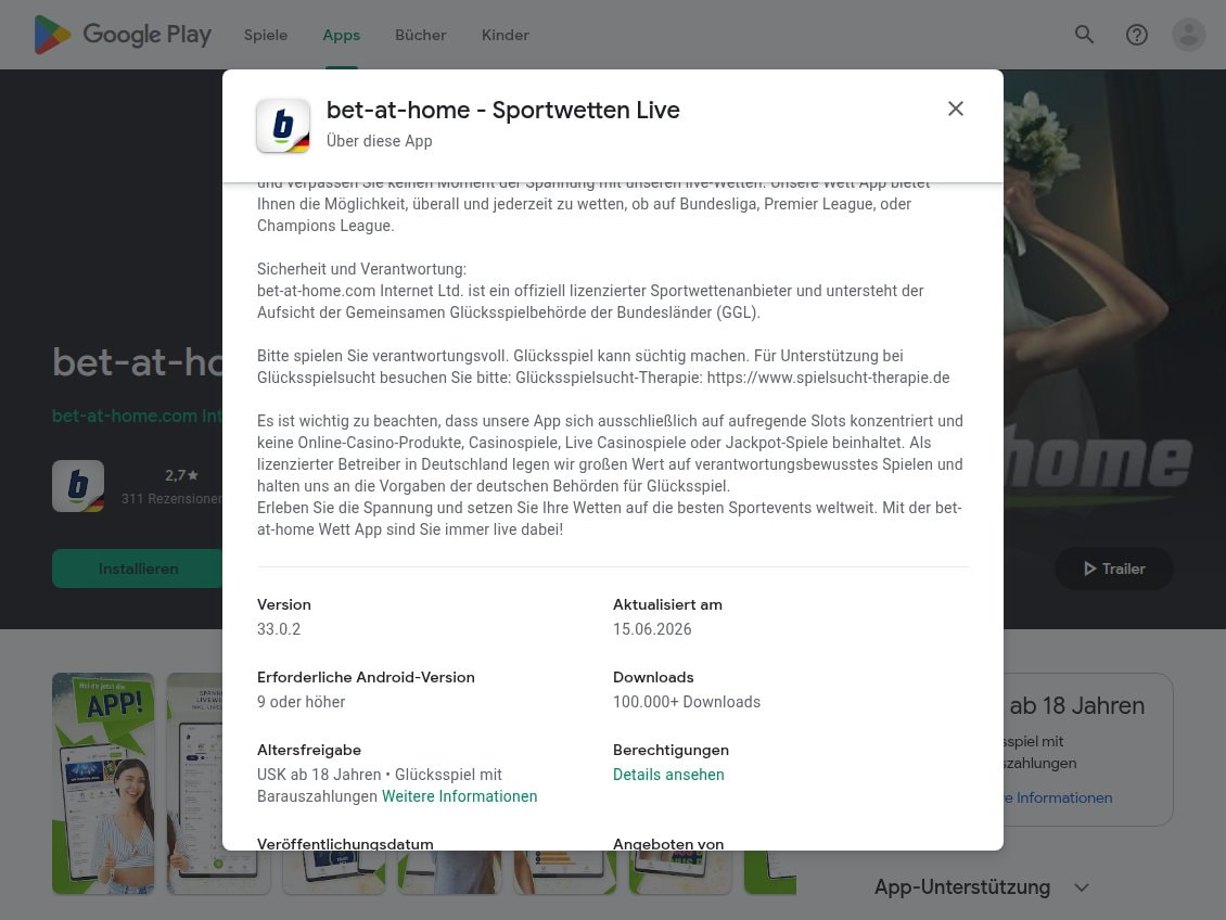 Play-Store-Eintrag der App bet-at-home Sportwetten Live mit dem Satz, die App konzentriere sich ausschließlich auf aufregende Slots, aktualisiert am 15.06.2026