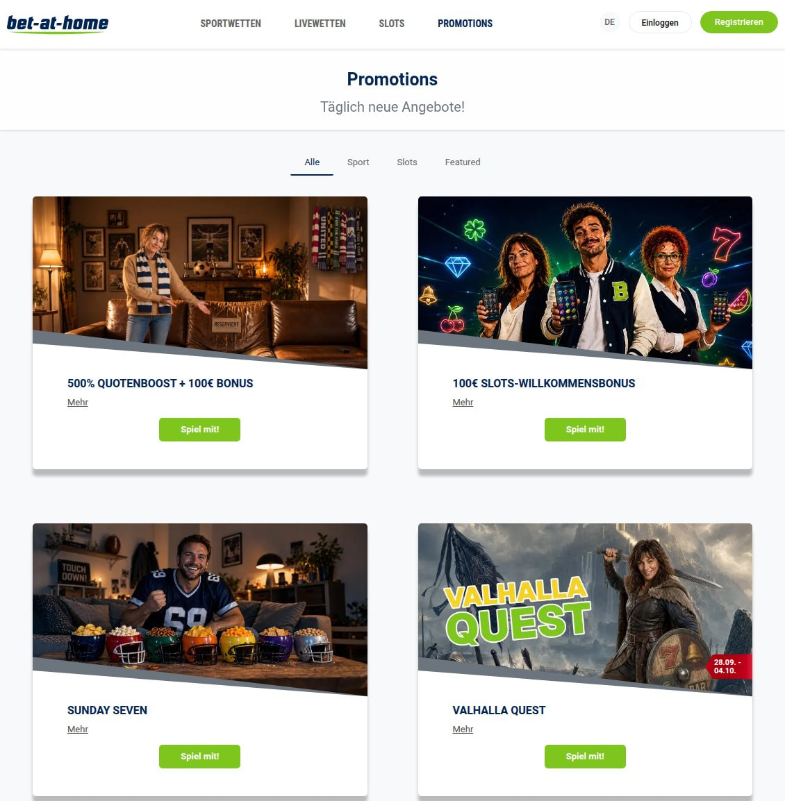 Promotions-Seite von bet-at-home mit Quotenboost plus 100 Euro Wettbonus, Slots-Willkommensbonus, Sunday Seven und Valhalla Quest