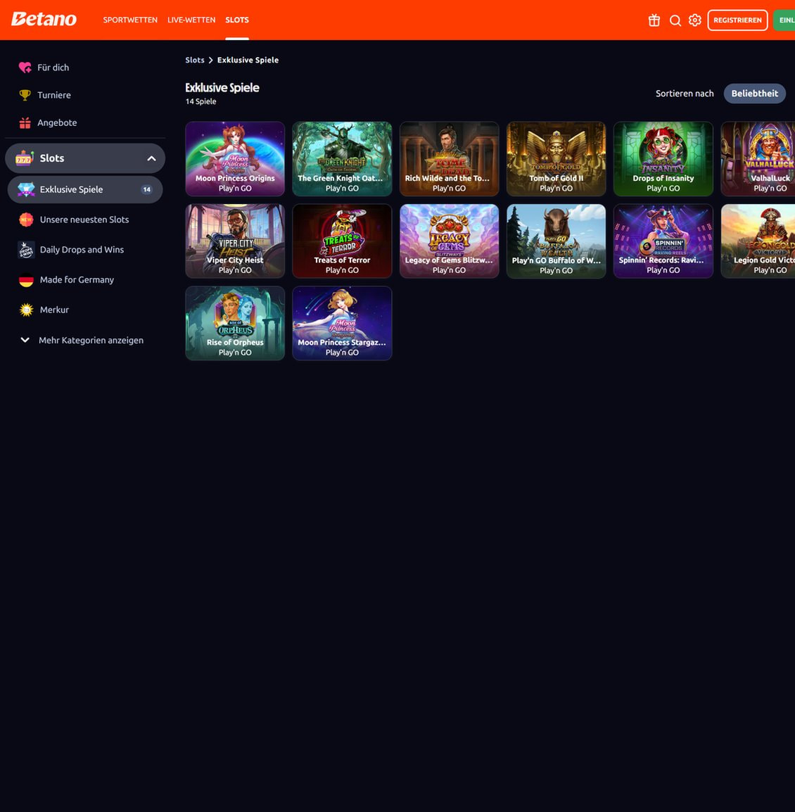 Kategorie Exklusive Spiele bei Betano mit 14 Titeln, alle von Play’n GO