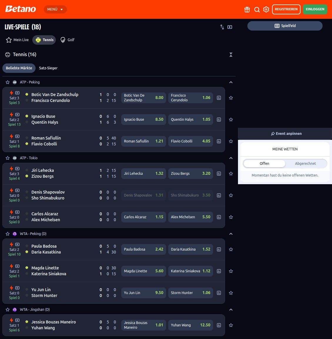 Live-Wetten bei Betano mit 18 laufenden Spielen, überwiegend Tennis aus Peking, Tokio und Jingshan