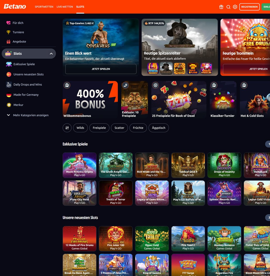 Slot-Lobby von Betano mit den Kacheln Einen Blick wert, Heutige Spitzenreiter mit RTP 144,95 Prozent und Feurige Trommeln, darunter Willkommensbonus und Freispiel-Aktionen