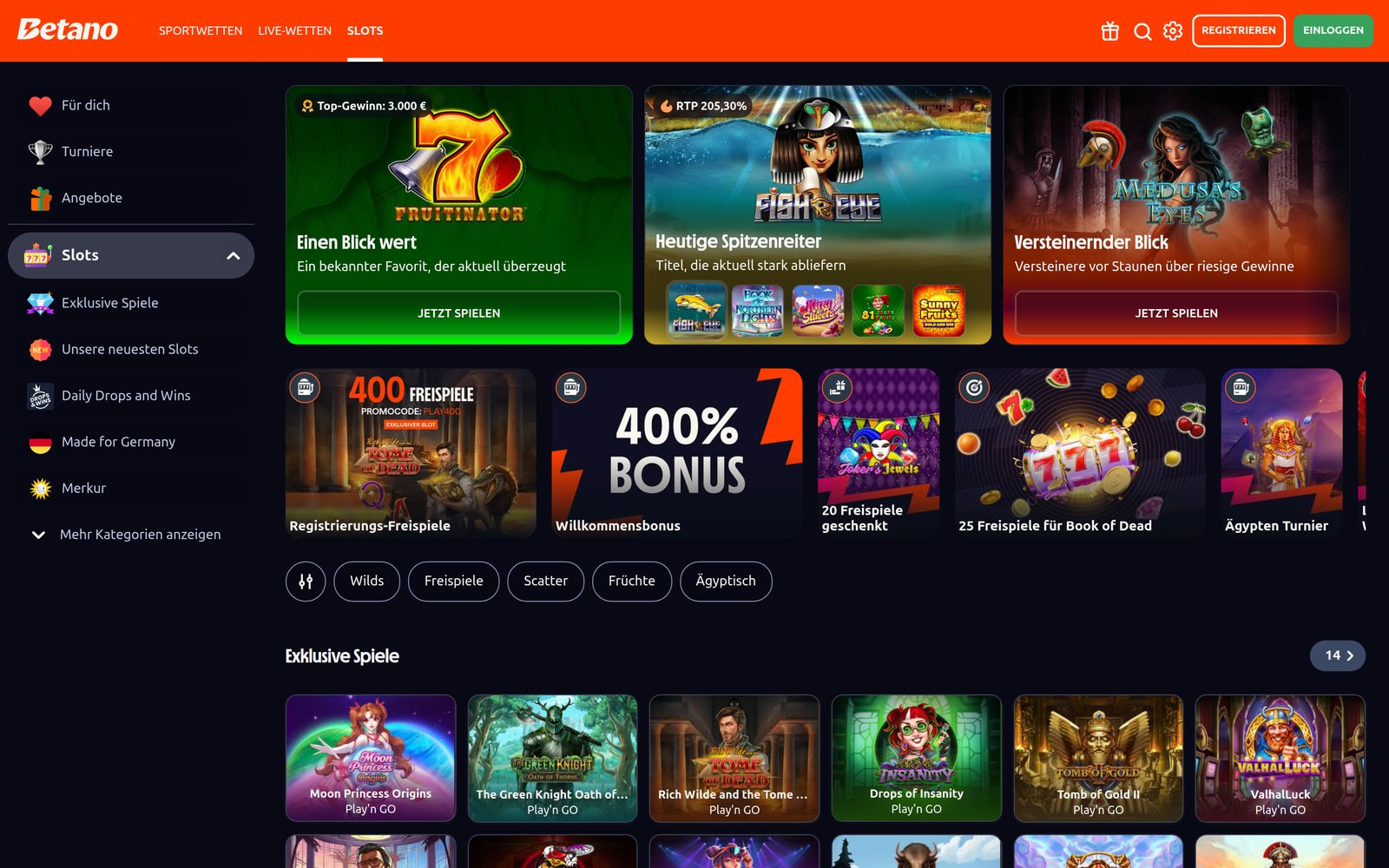 Slot-Lobby von Betano mit Aktionskacheln und exklusiven Spielen