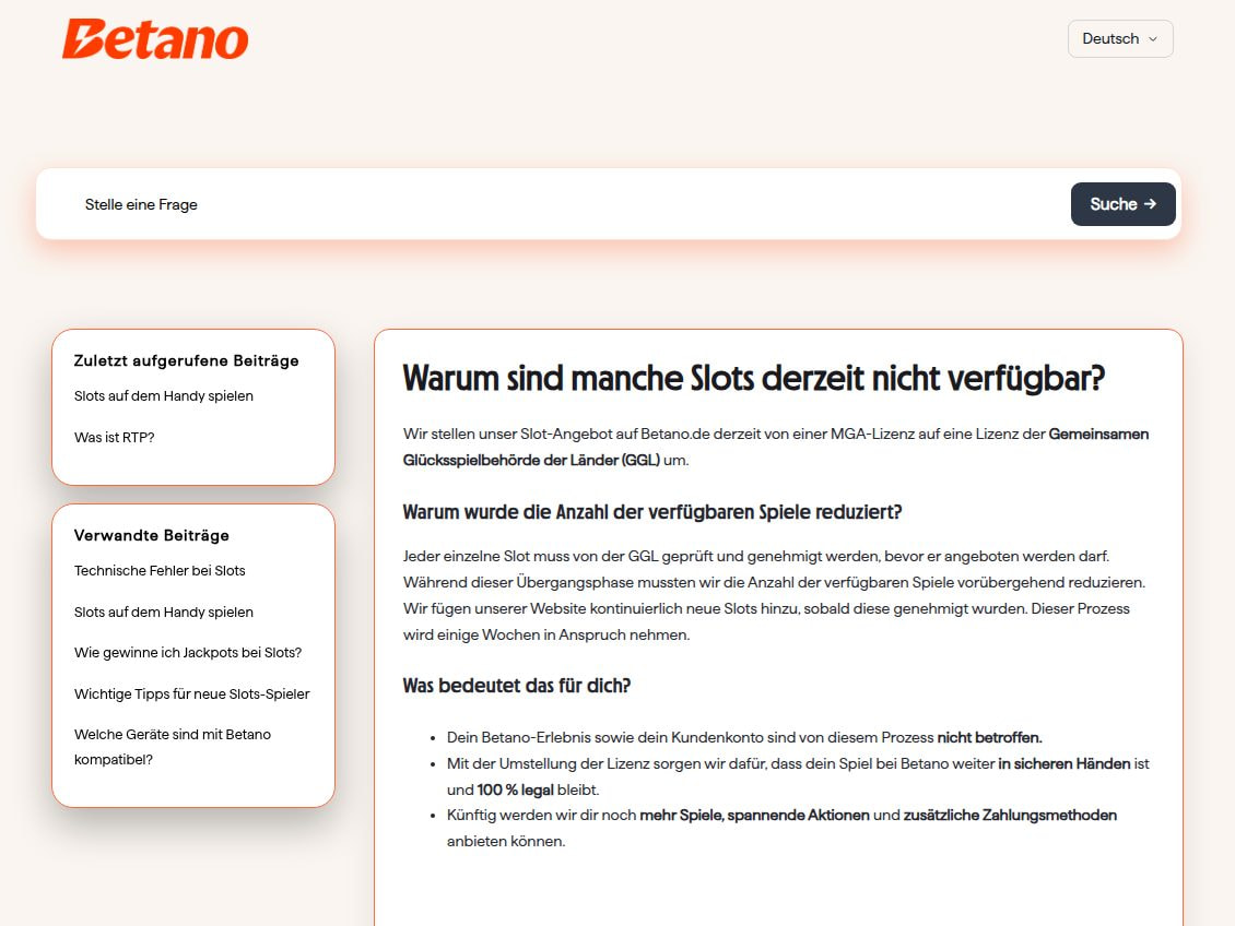 Hilfeartikel von Betano mit der Erklärung, das Slot-Angebot werde derzeit von einer MGA-Lizenz auf eine Lizenz der GGL umgestellt