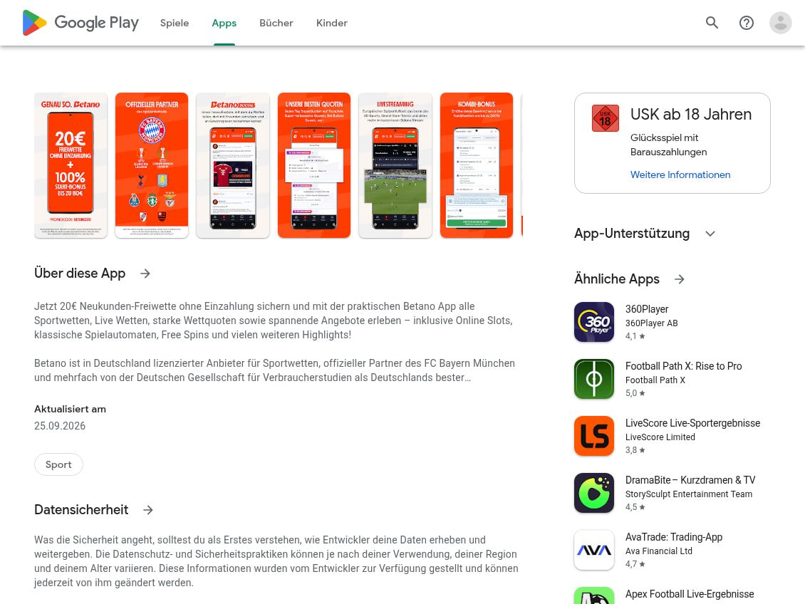Play-Store-Eintrag der App Betano Sportwetten mit dem Beschreibungstext inklusive Online Slots, klassische Spielautomaten und Free Spins, aktualisiert am 25.09.2026