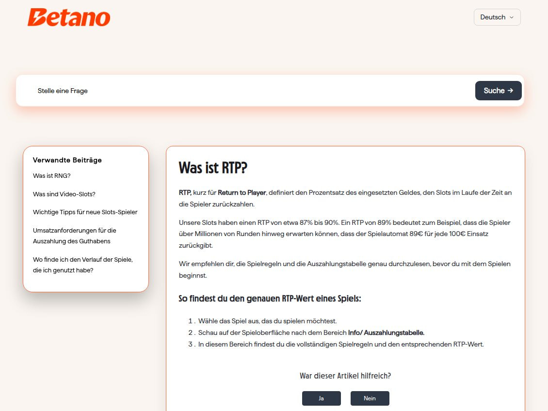 Artikel Was ist RTP im Betano Help Center mit dem Satz, die Slots hätten einen RTP von etwa 87 bis 90 Prozent