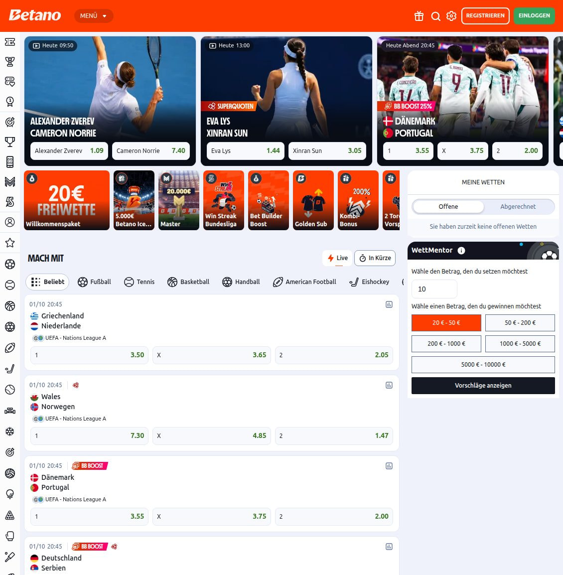 Sportwetten-Startseite von Betano mit SuperQuoten, Bet-Builder-Boost, Kombi-Bonus und dem Bereich Mach mit