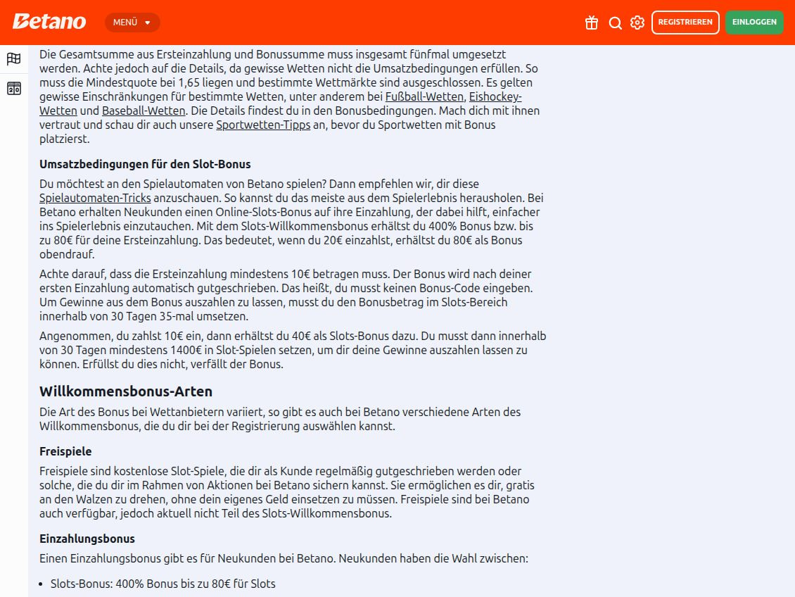 Betano-Artikel Willkommensbonus mit dem Absatz Umsatzbedingungen für den Slot-Bonus, Mindesteinzahlung 10 Euro und 35-facher Umsatz in 30 Tagen