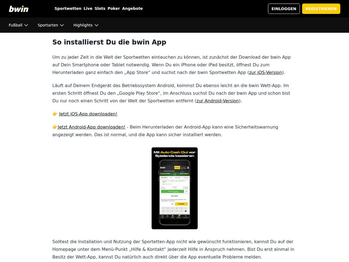 Ratgeberartikel von bwin zur eigenen App mit dem Hinweis, dass beim Herunterladen der Android-App eine Sicherheitswarnung angezeigt werden kann