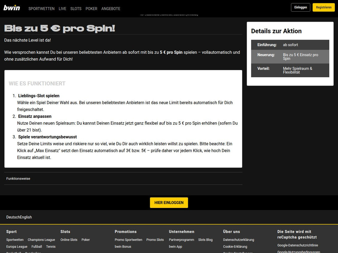 Aktionsseite von bwin zum neuen Maximaleinsatz mit dem Hinweis, dass der Einsatz auf bis zu 5 Euro pro Spin erhöht werden kann, sofern der Spieler über 21 ist