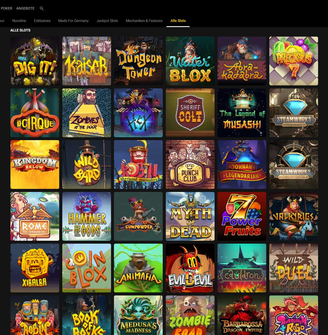 Spieleübersicht bei bwin mit dem Merkur-Filter und den Slot Thumbnails