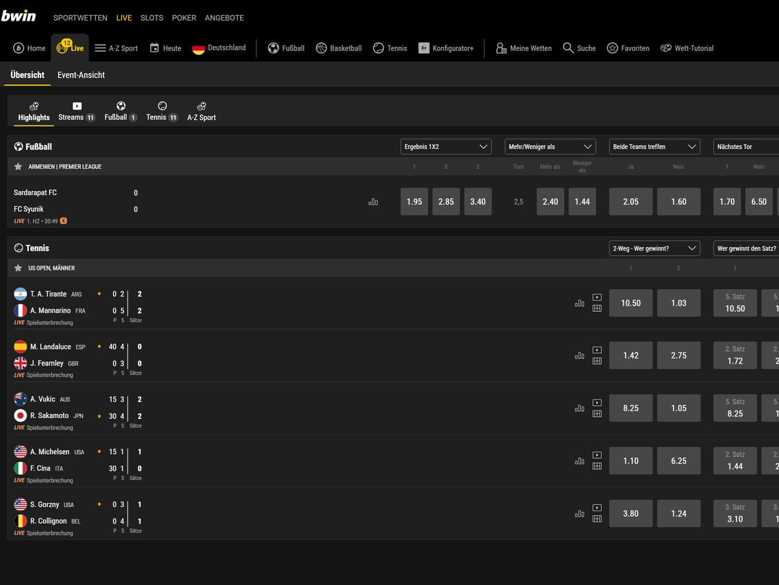 Live-Wetten bei bwin mit einem laufenden Fußballspiel der armenischen Premier League und fünf Tennispartien der US Open samt Satzständen und Quoten