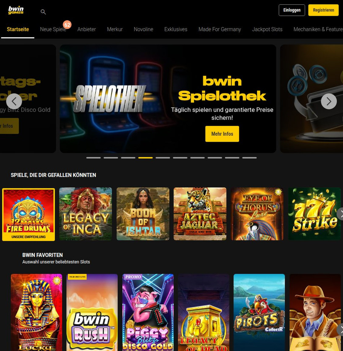 Slot-Startseite von bwin mit Aktionskacheln, Anbieter-Navigation und dem Hinweis auf die neuen Einsatzlimits