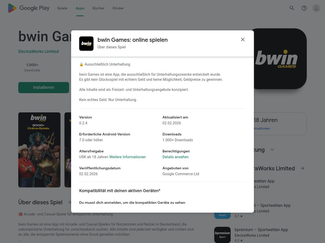 Beschreibung der App bwin Games im Google Play Store mit dem Satz, dass es kein Glücksspiel mit echtem Geld und keine Möglichkeit gibt, Geldpreise zu gewinnen