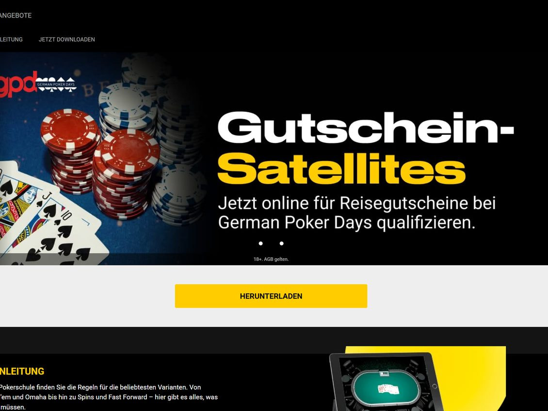 Pokerseite von bwin mit dem Reiter Jetzt Downloaden, dem Banner der German Poker Days und dem gelben Button Herunterladen