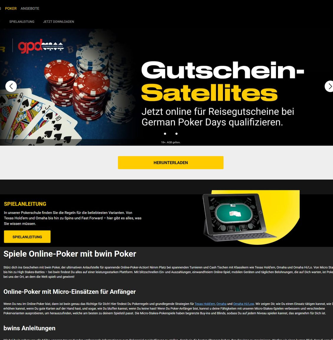 Pokerseite von bwin mit dem Banner der German Poker Days, dem Button Herunterladen und dem Hinweis auf die Pokerschule