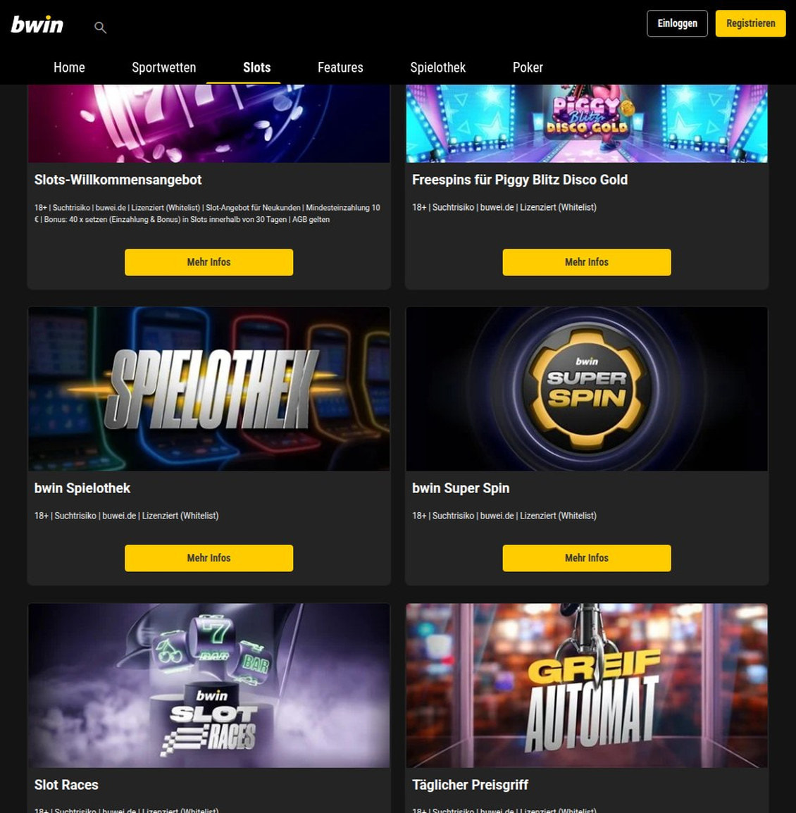 Aktionsseite von bwin mit Willkommensangebot, Slot Races, Super Spin und dem täglichen Preisgriff