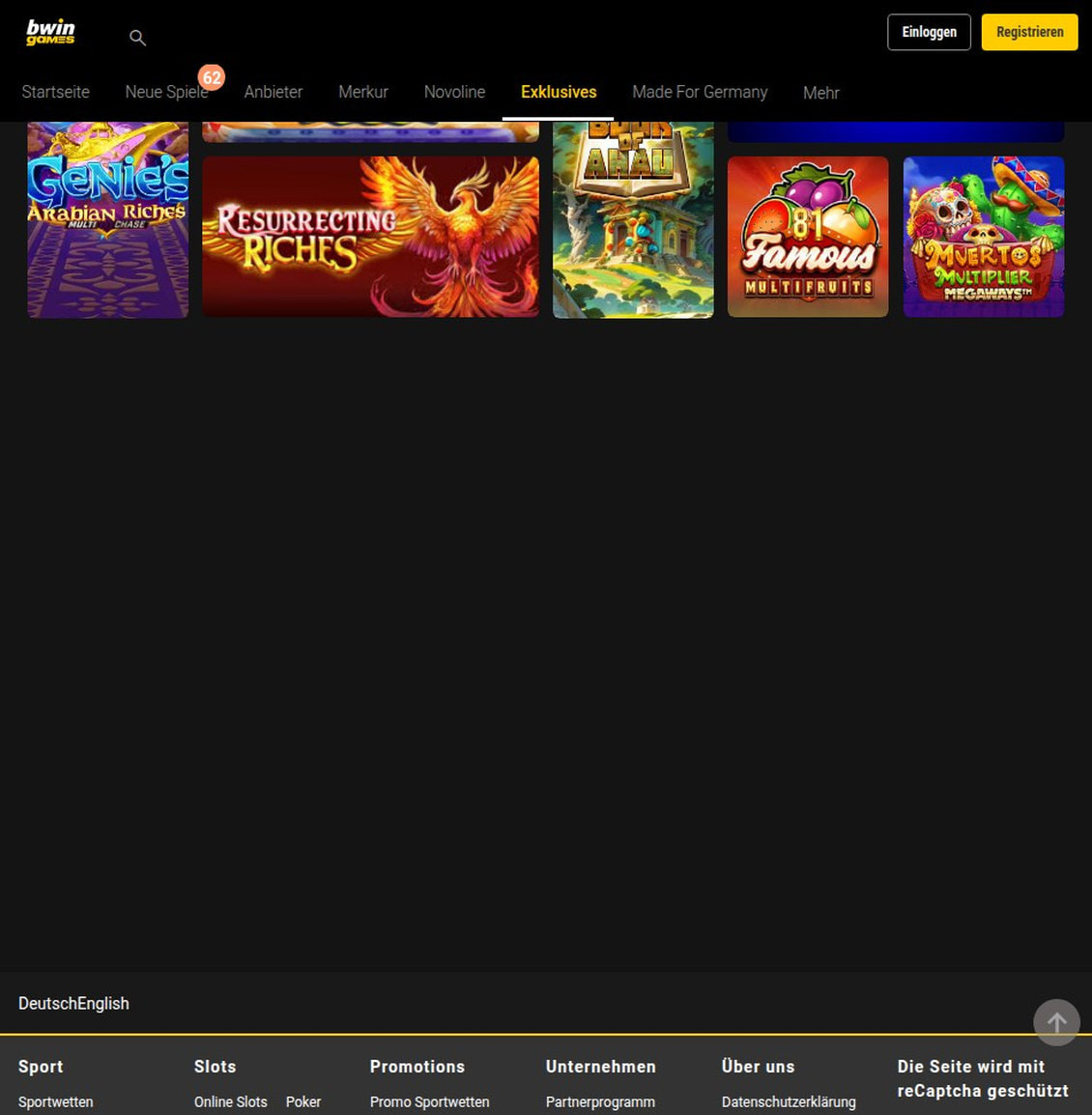 Kategorie Exklusives bei bwin mit den sieben Titeln, die es nur bei diesem Anbieter gibt