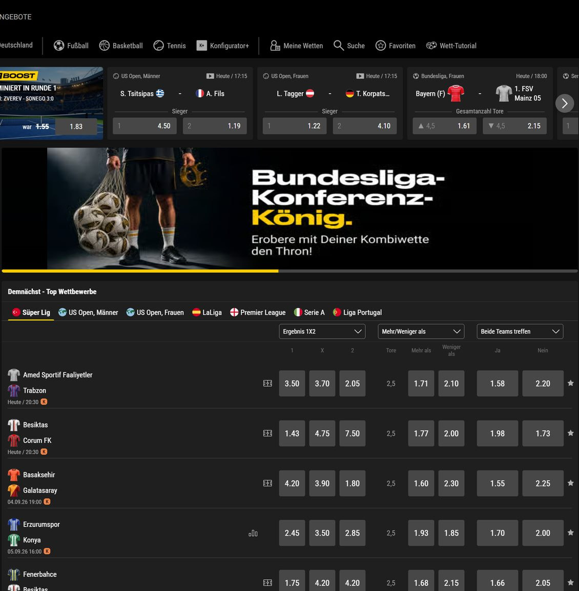 Sportwettenbereich von bwin mit Live-Quoten, dem Bundesliga-Konferenz-Banner und der Quotentabelle für die Süper Lig
