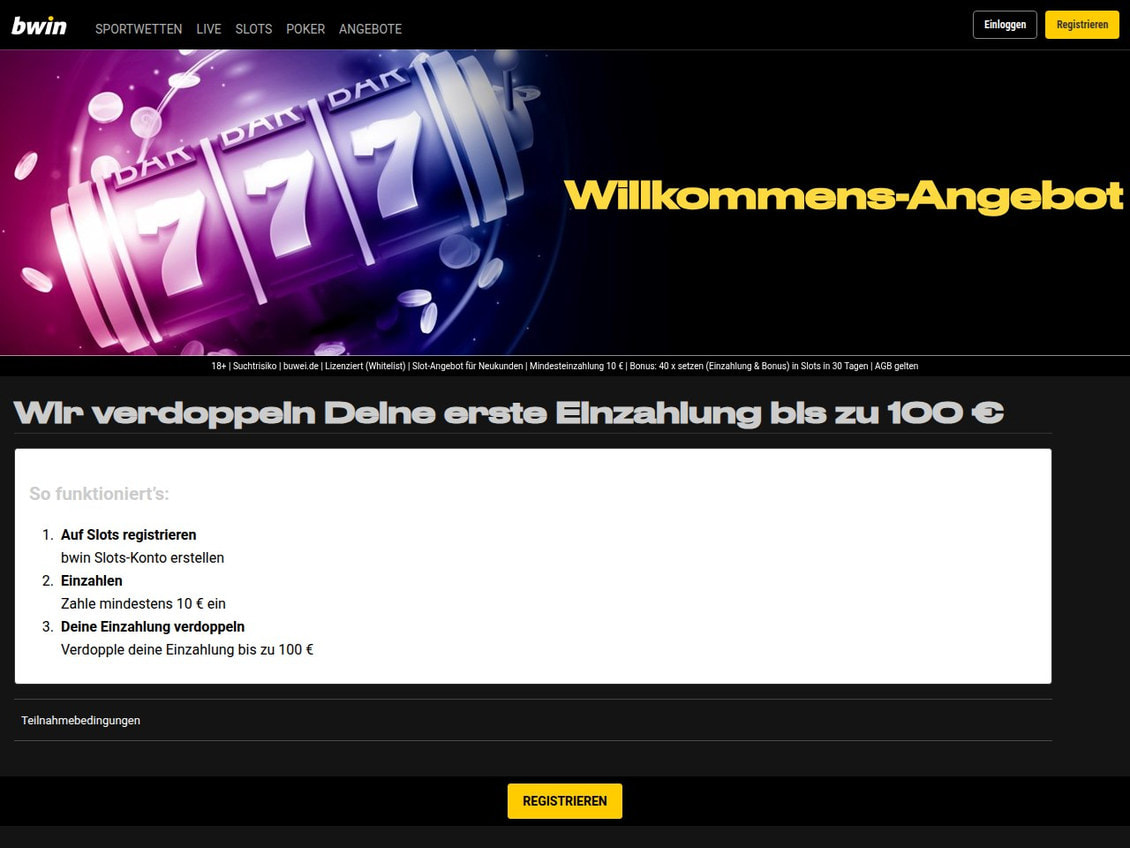 Seite zum Slots-Willkommensangebot von bwin mit der Bedingungszeile 40 mal setzen auf Einzahlung und Bonus in 30 Tagen