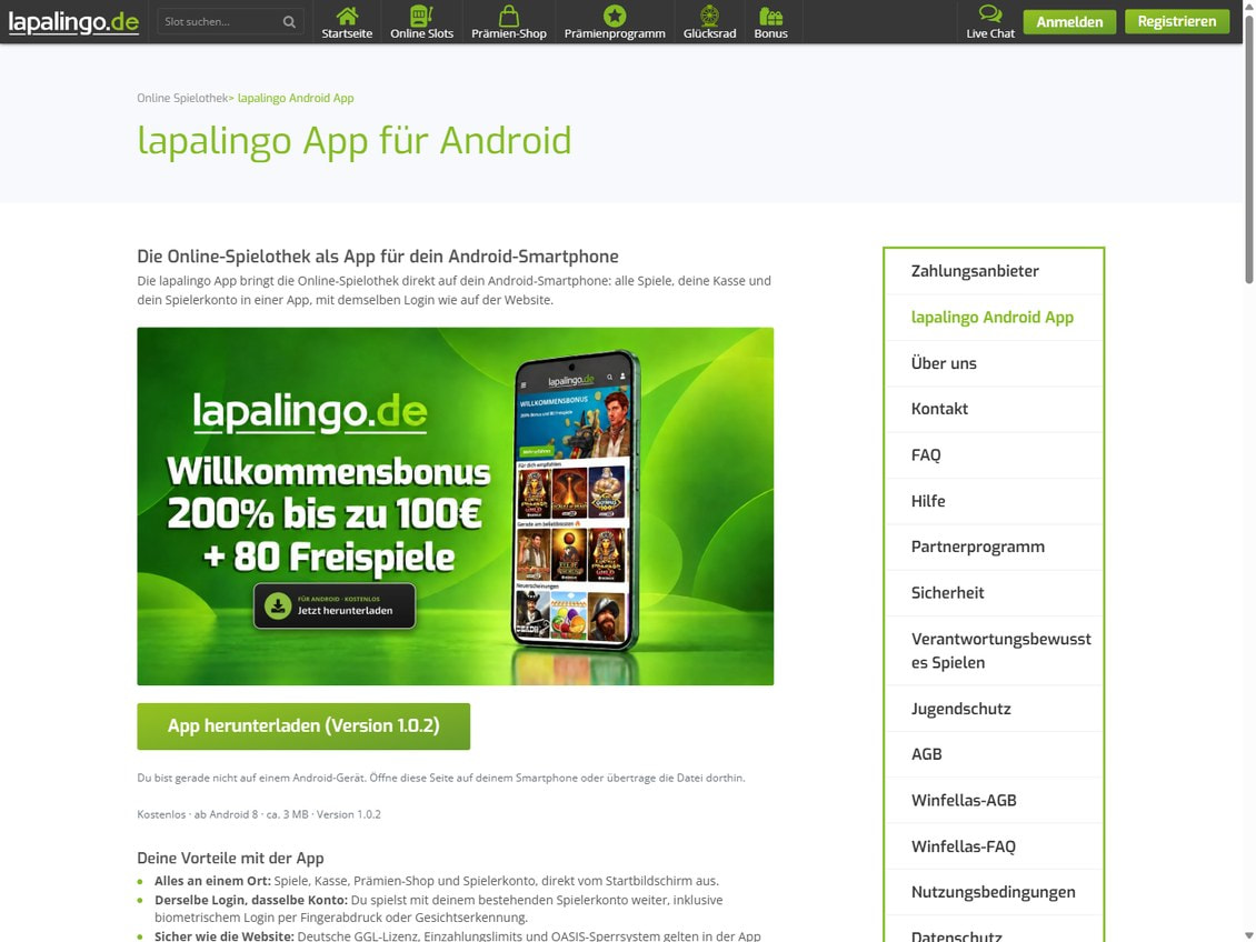 Seite der Android-App von Lapalingo mit dem Knopf App herunterladen, Version 1.0.2, rund 3 MB, ab Android 8