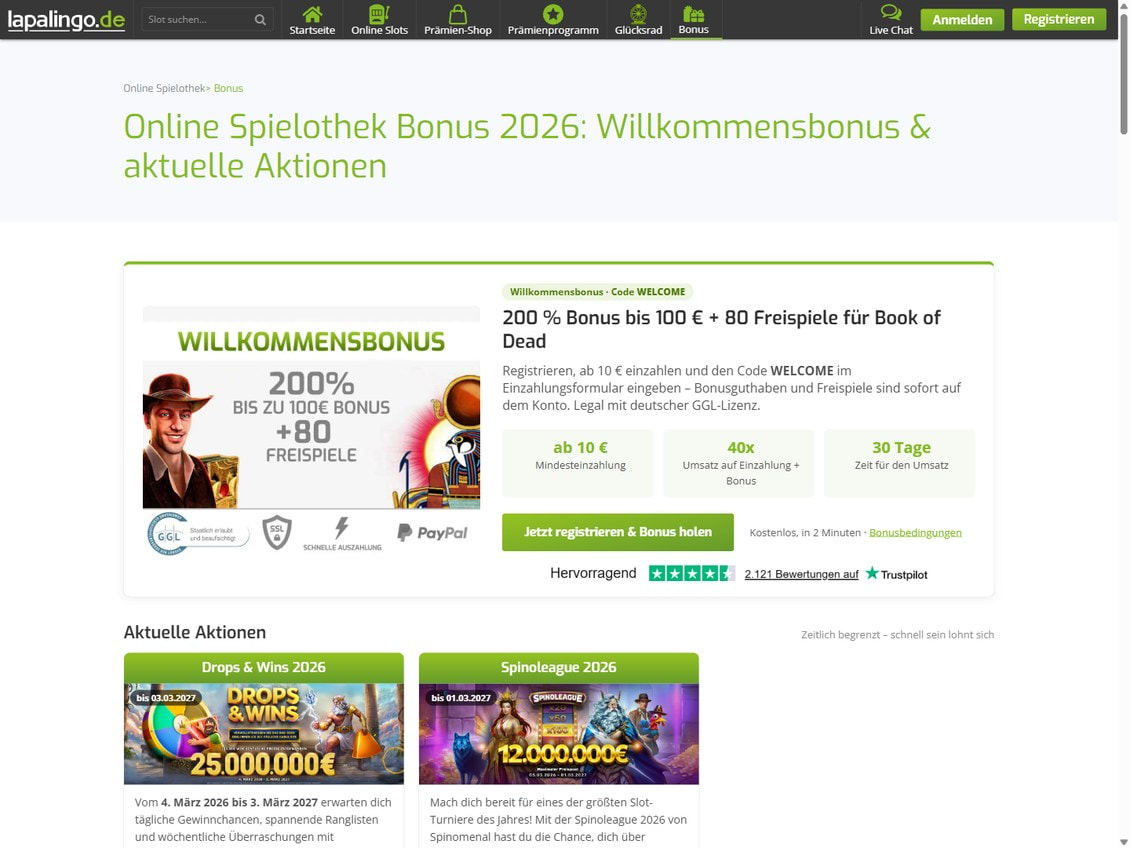 Bonusseite von Lapalingo mit 200 Prozent Bonus bis 100 Euro plus 80 Freispiele, 40x Umsatz auf Einzahlung und Bonus und 30 Tage