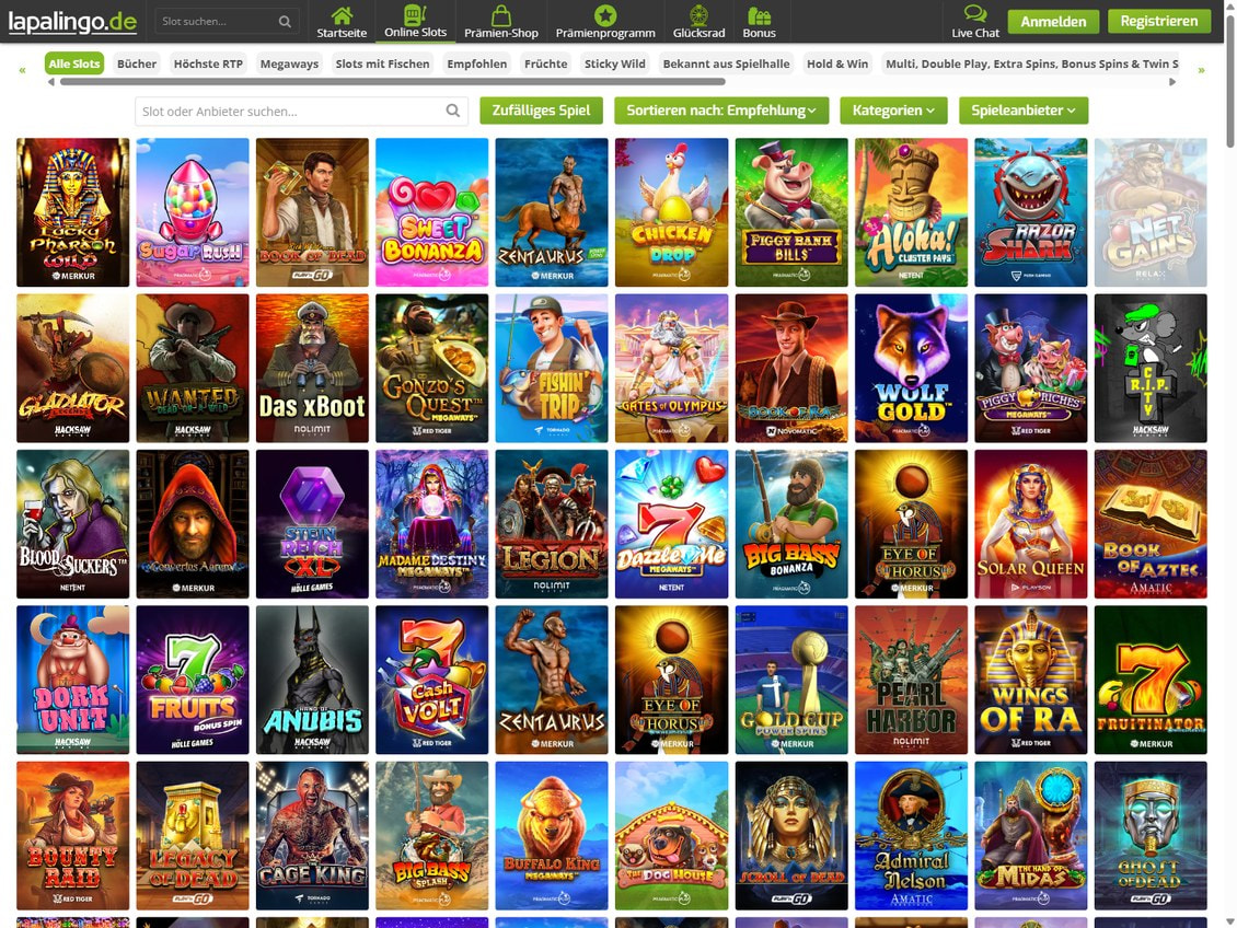 Slot-Lobby von Lapalingo mit den Filtern Alle Slots, Höchste RTP und Bekannt aus Spielhalle sowie Kacheln von Lucky Pharaoh Wild, Book of Dead und Sweet Bonanza