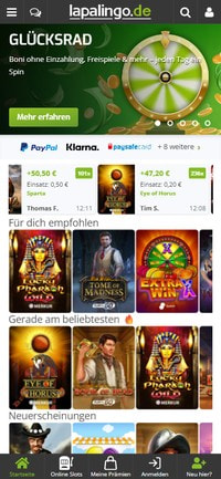 Startseite von Lapalingo in der mobilen Ansicht mit dem Glücksrad-Banner Boni ohne Einzahlung und der Live-Gewinnerliste