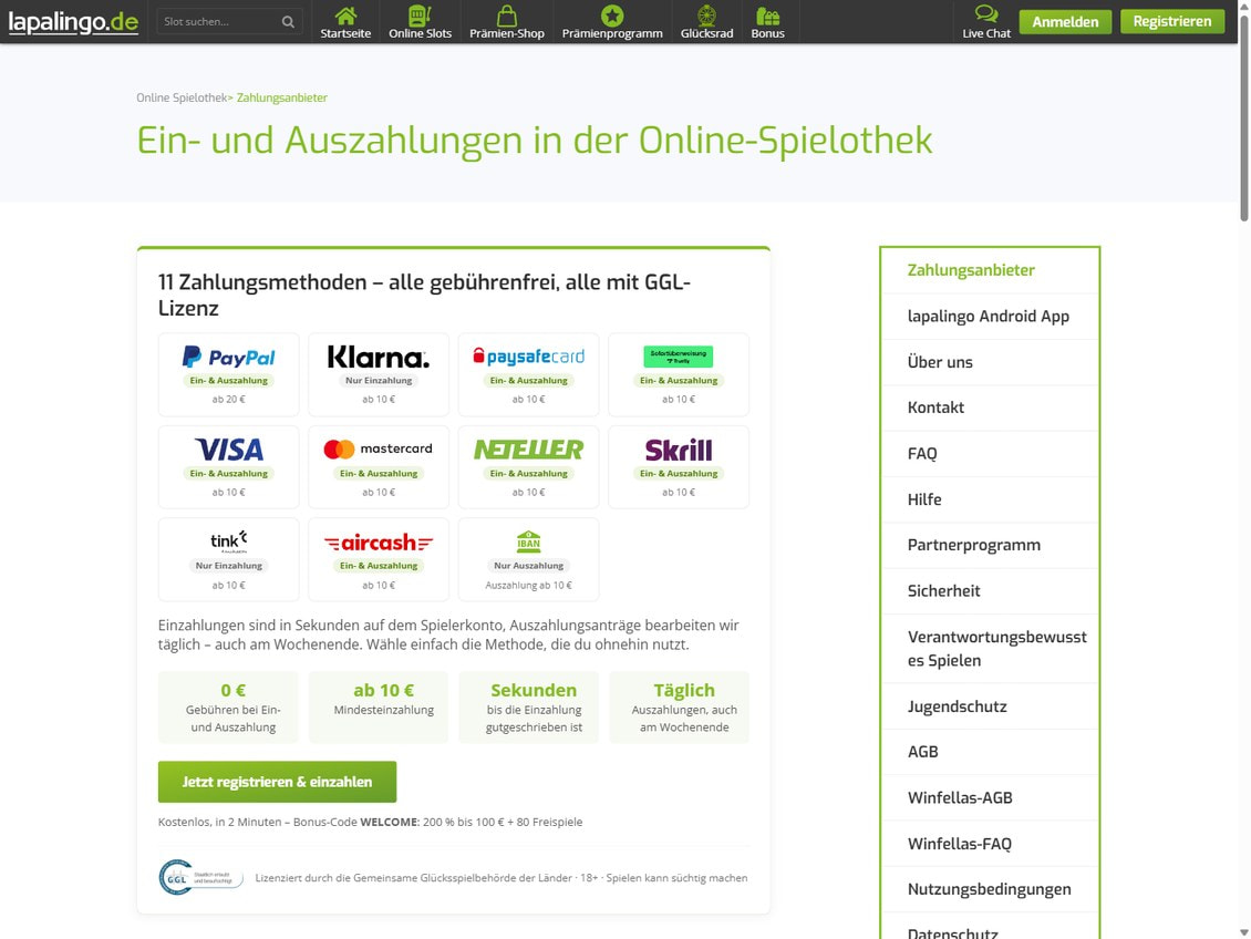 Zahlungsseite von Lapalingo mit der Überschrift 11 Zahlungsmethoden, alle gebührenfrei, und den Methoden von PayPal bis Banküberweisung