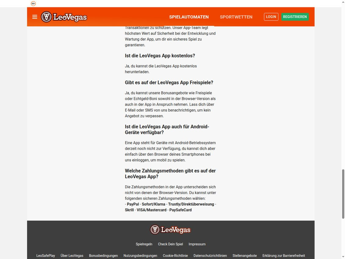 Seite zu den Apps von LeoVegas mit häufigen Fragen, darunter die Antwort, für Android-Geräte stehe derzeit noch keine App zur Verfügung