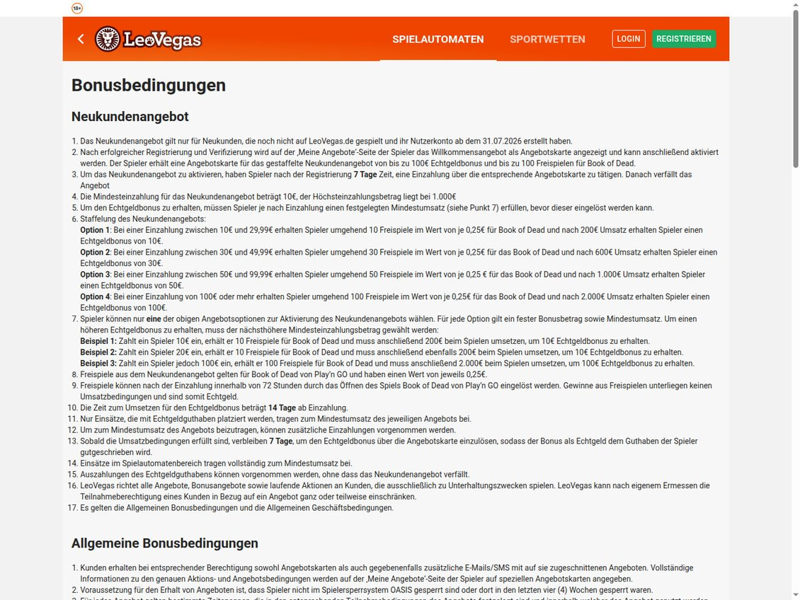 Bonusbedingungen von LeoVegas mit der Staffelung des Neukundenangebots in vier Optionen, den Beispielen für 10, 20 und 100 Euro Einzahlung und den Fristen von 72 Stunden, 14 und 7 Tagen