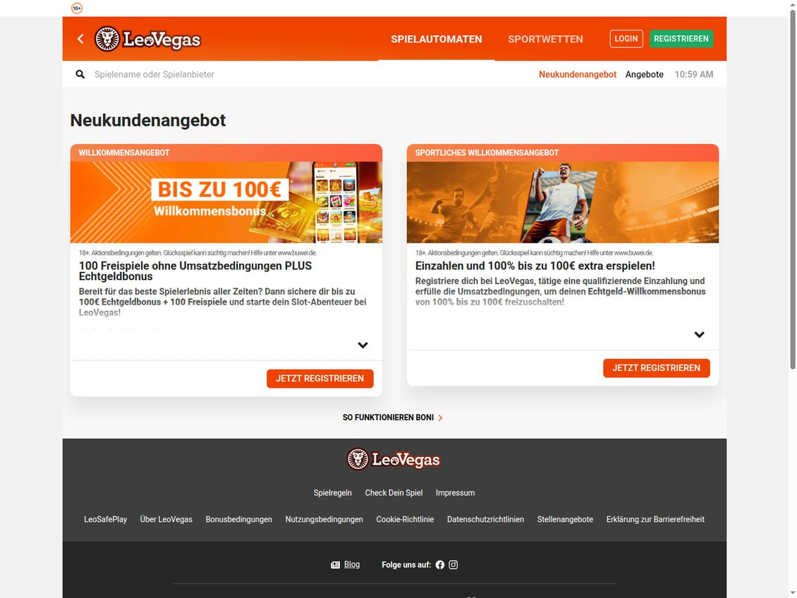 Seite Neukundenangebot von LeoVegas mit den Karten Willkommensangebot bis zu 100 Euro und Sportliches Willkommensangebot