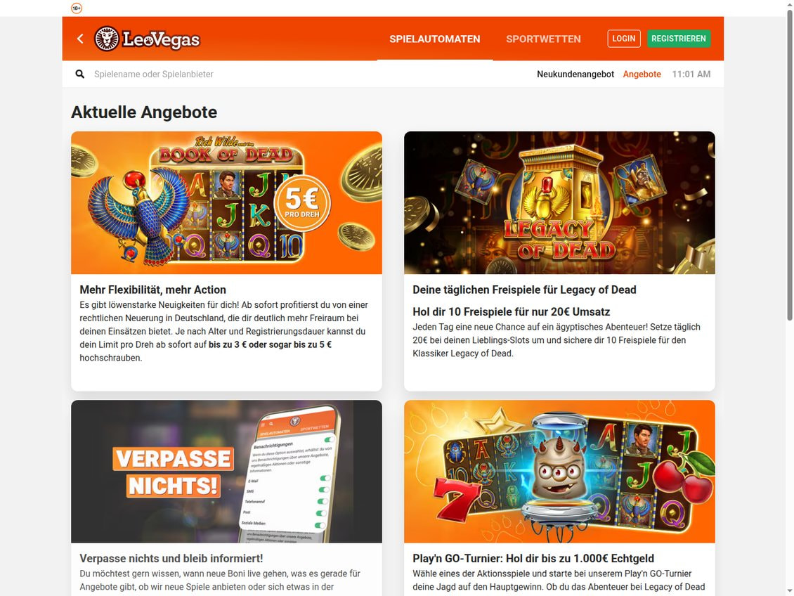 Aktionsseite von LeoVegas mit der Karte Mehr Flexibilität, mehr Action zu Limits von bis zu 3 oder 5 Euro je Dreh sowie Karten für tägliche Freispiele und das Play'n GO-Turnier