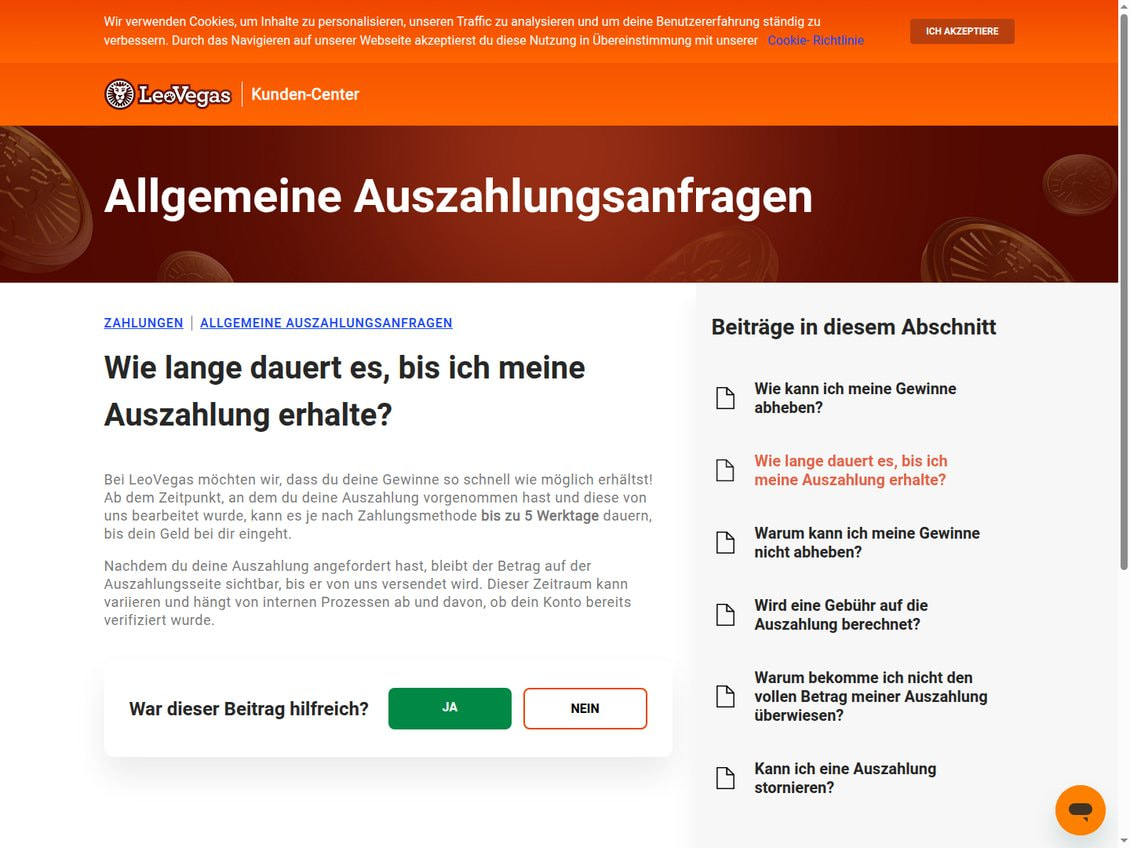 Hilfeartikel von LeoVegas zur Frage, wie lange eine Auszahlung dauert, mit der Angabe bis zu 5 Werktage je nach Zahlungsmethode