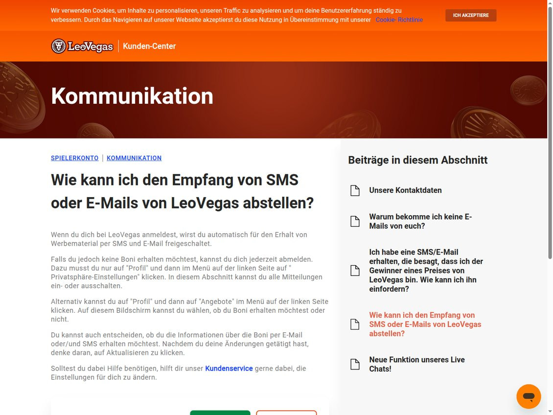 Hilfeartikel von LeoVegas mit der Frage, wie man den Empfang von SMS oder E-Mails abstellt, und dem Satz, neue Konten würden automatisch für Werbematerial freigeschaltet