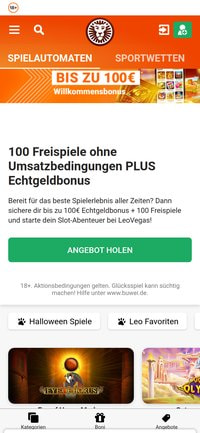 Startseite von LeoVegas in der mobilen Ansicht mit den Reitern Spielautomaten und Sportwetten, dem Banner Bis zu 100 Euro Willkommensbonus und dem Knopf Angebot holen