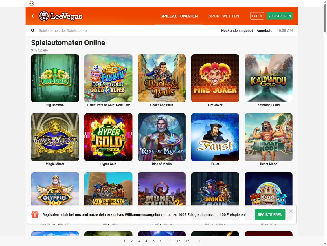 Slot-Lobby Spielautomaten Online von LeoVegas mit der Angabe 915 Spiele und Spielkacheln wie Big Bamboo, Fire Joker und Book of Dead